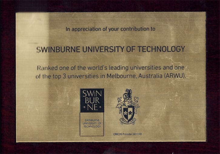 Appreciation of Contribution to Swinburne University of Technology